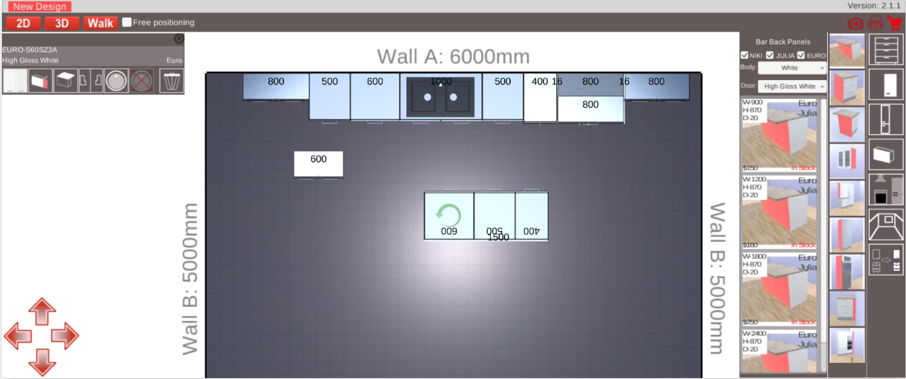 Kitchen 3D planner switch 2D and 3D modes in design